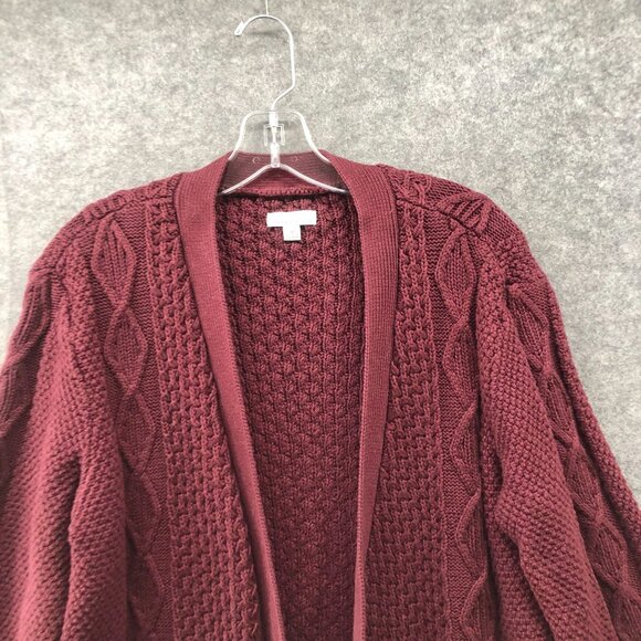 L.L. Bean Cable Knit Cardigan Womens M Burgundy Open Front Longline Cotton - Picture 3 of 9